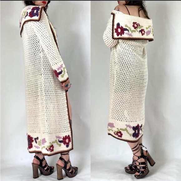 Wool Blend Chunky Crochet Knit Longline Duster Cardigan Sweater - Picture 9 of 10